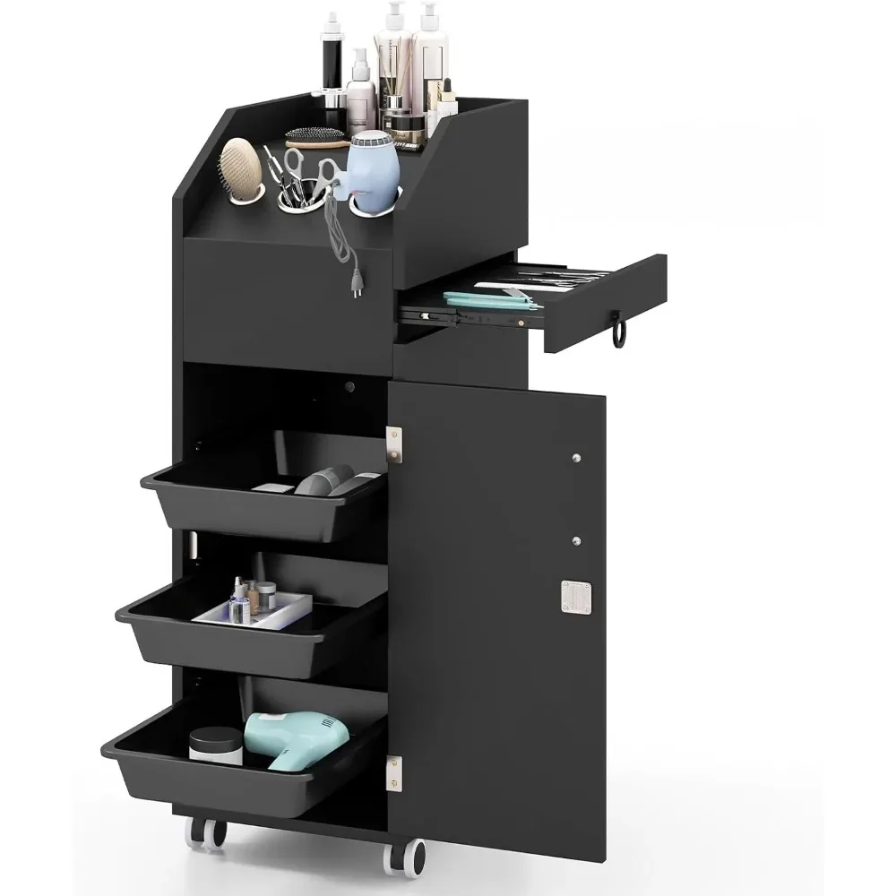 

Lockable Wooden Salon Cart for Hair Stylists - 3-Drawer Trolley with Side Tool Tray & Hair Dryer Holders