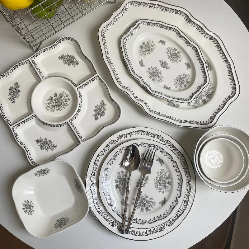 European Retro Ceramic Tableware Kitchen Dining Table Hotel Dessert Plate Fish Plate Rice Bowl Craft Home Decoration Accessories
