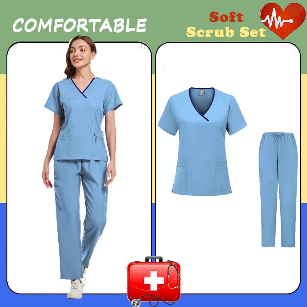 Anti-Wrinkle Premium Fabric Clinical Uniforms Washable Nurse Uniforms Medical Scrubs Sets Surgical Blouse Pockets Straight Pants