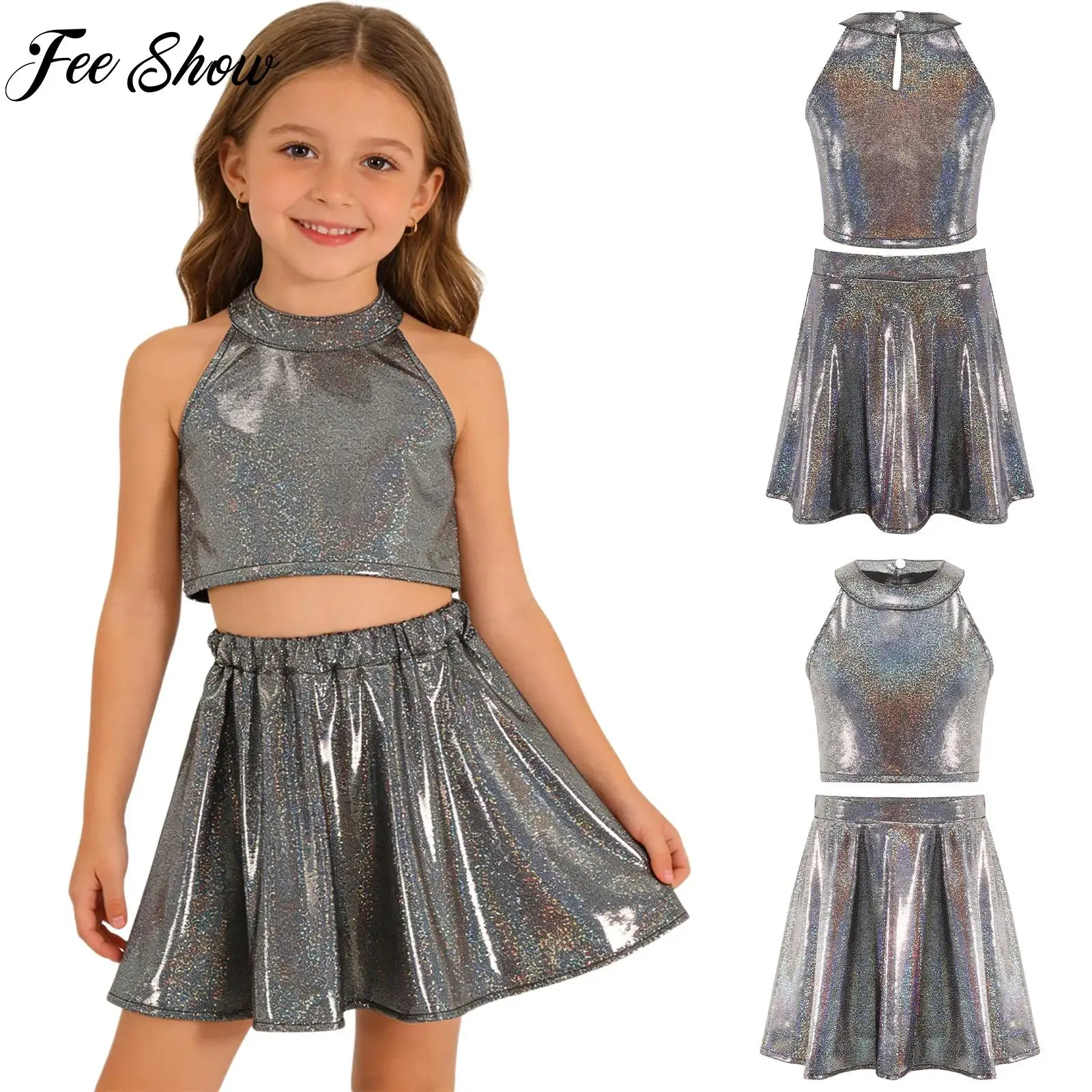 Kids Girls Metallic Dance Outfit for Modern Jazz Street Sets Sleeveless Vest And Tutu Skirt for Cheerleading Chorus Performance