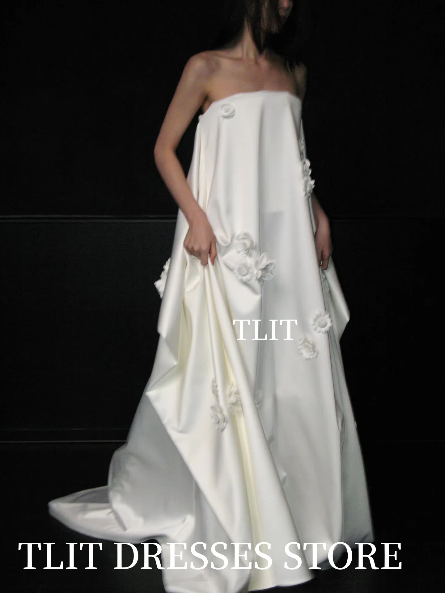 فستان زفاف مستقيم من الساتان والحرير العاجي الأنيق من TLIT برقبة على شكل حرف v بدون حمالات فستان حفلات على شكل زهرة فستان زفاف كوري لالتقاط الصور حسب الطلب #4
