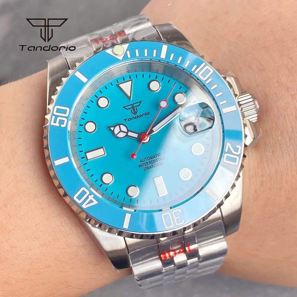 Tandorio NH35 Blue Dial Steel Mechanical 40mm Automatic Watch Date Ceramic Bezel Men's Wristwatch Luminous