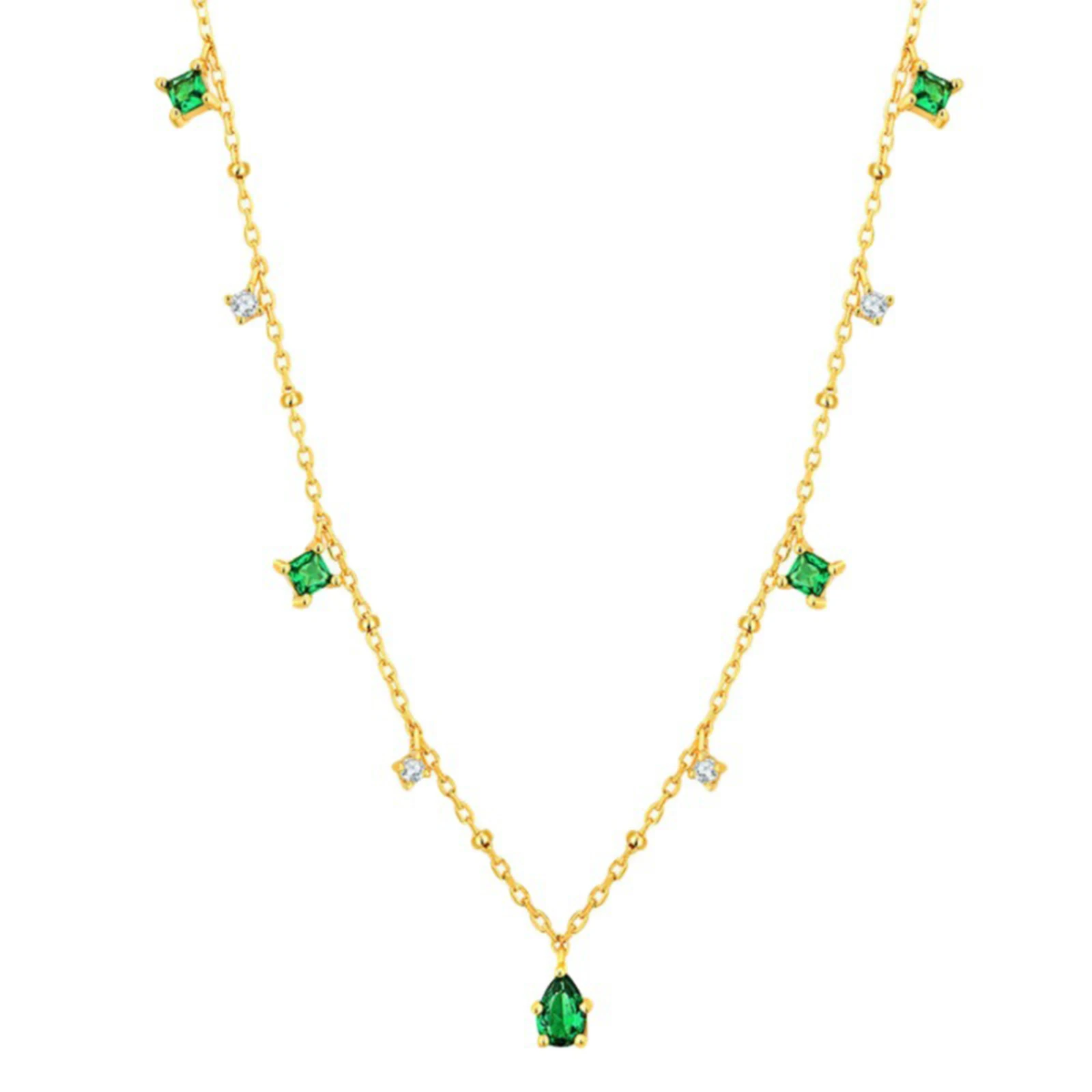 Women Dainty Green AAA Cubic Zirconia Waterdrop CZ Stone Necklaces, Chic Satellite Chain Collar Vintage Charm Necklace Jewelry