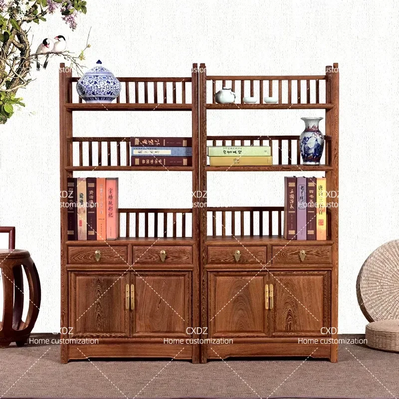 Solid Wood Floor to Ceiling Bookshelf Antique Style Storage Cabinet Tea Rack Display Shelf for Living Room Home Office