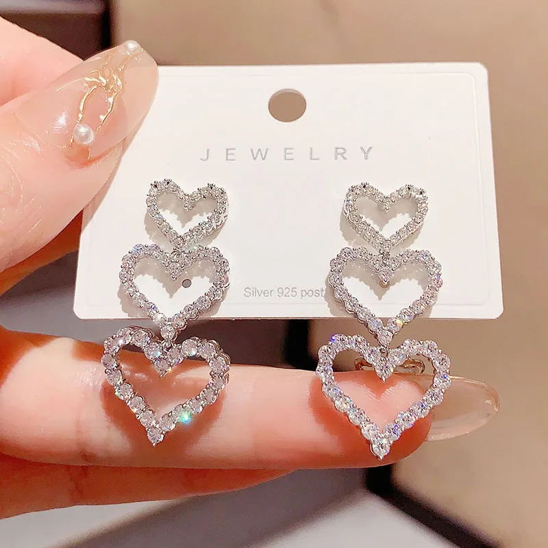 

Korean Fashion Long Rhinestone Heart-shaped Pendant Earrings For Women Shiny Heart Tassel Dangle Earrings Wedding Party Jewelry