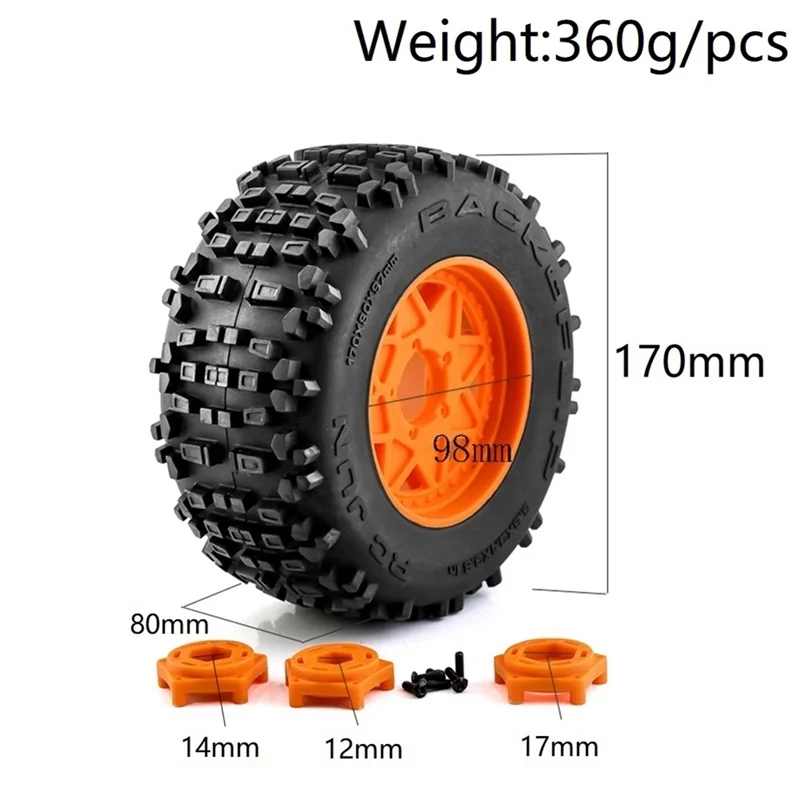 4Pcs 170mm 1/7 1/8 Monster Stunt Truck Tire 12/14/17mm Wheel Hex for TRAXXAS Sledge ARRMA KRATON Outcast Tamiya HSP,2