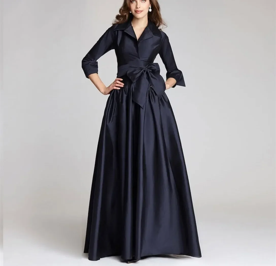Customized Long Navy Blue Evening Dresses with Bow/Pockets A-Line Satin V-Neck Floor Length Wedding Guest Dresses for Women