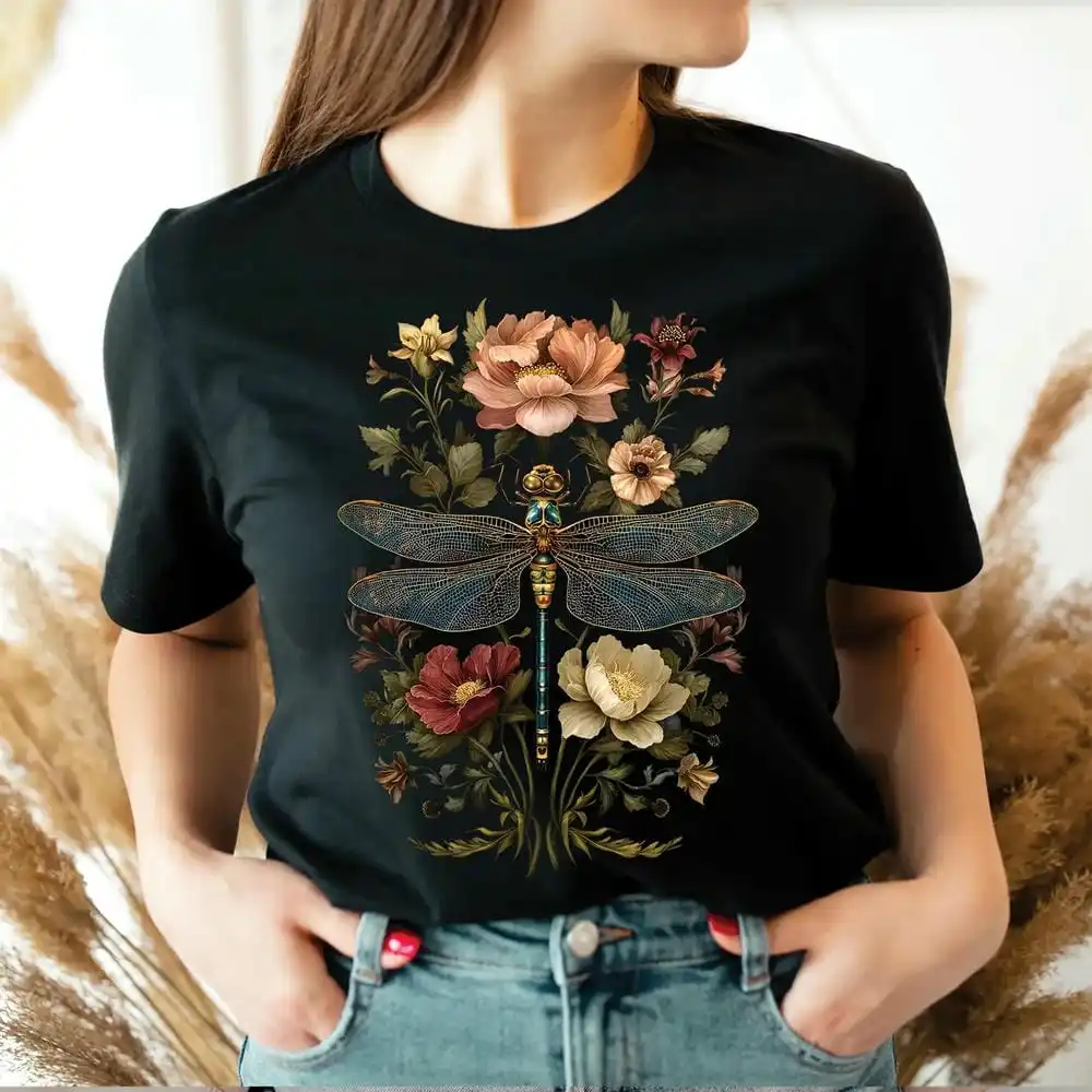 Boho Floral Cottagecore Botanical Print Shirt Vintage Gift for Nature Lover Dark Acedemia Unisex Y2K Cotton T-Shirt Streetwear
