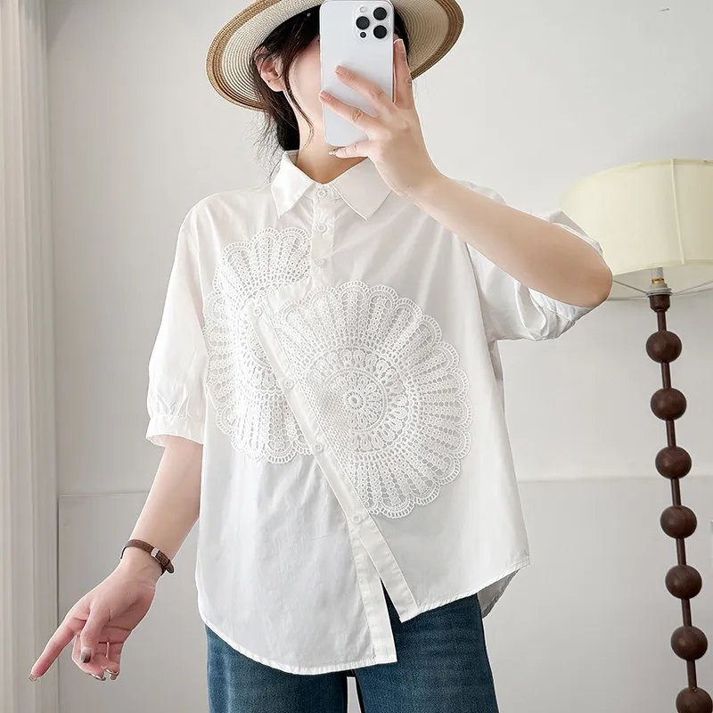 

Women Fashion Chic White Blouse 2026 New Summer Short Sleeve Cotton Shirts Thin Breathable Lace Splicing Cardigan Shirt Tops