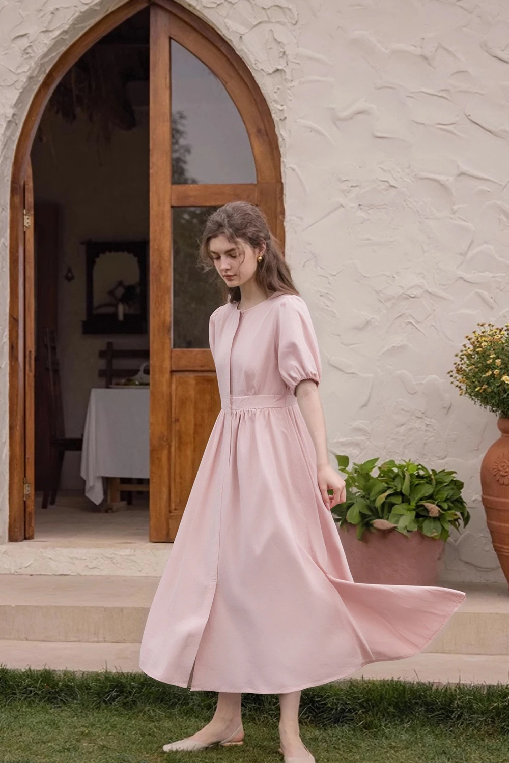 

VIMLY Women Elegant Puff Sleeve Dress 2025 Summer Simple Round Neck Pleated Design Dress A-LINE Casual Office Party Dress