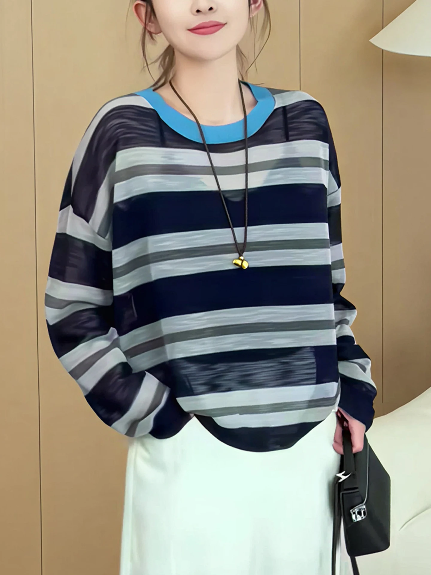 

Элегантный тонкий повседневный вязаный топ с длинным рукавом для женщин, модный универсальный осенний новый корейский стиль, полосатая шелковая блузка