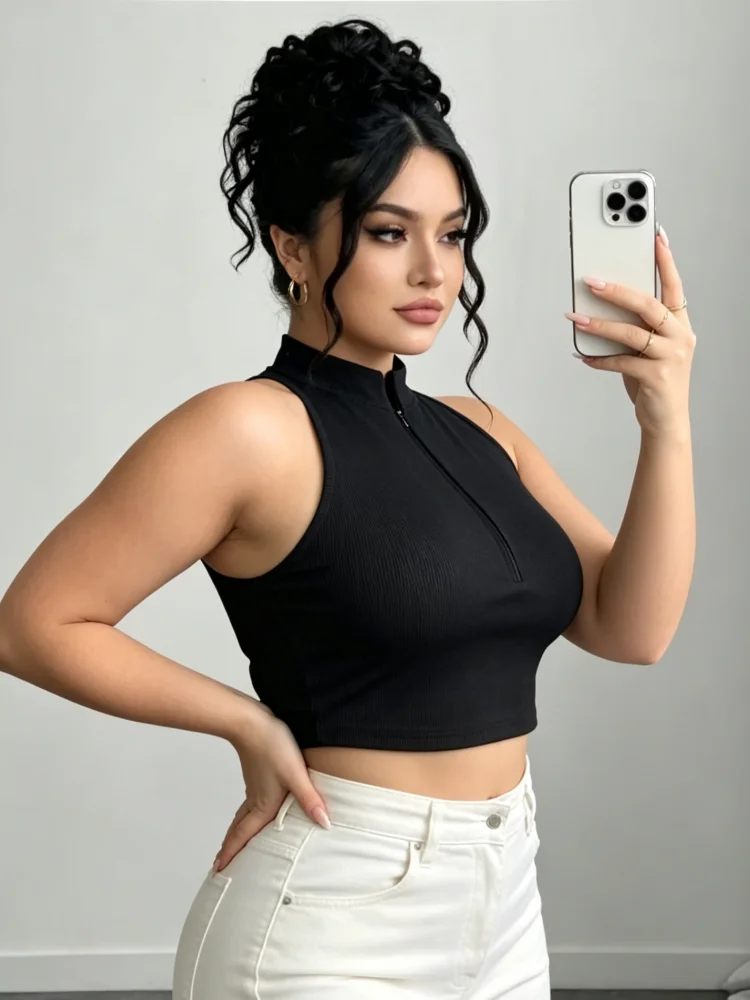 Plus Size Women Tank Top Halter Mock Neck Half Zip Ribbed Cropped Slim Fit Sleeveless Tops Summer Daily Casual Wear image 3