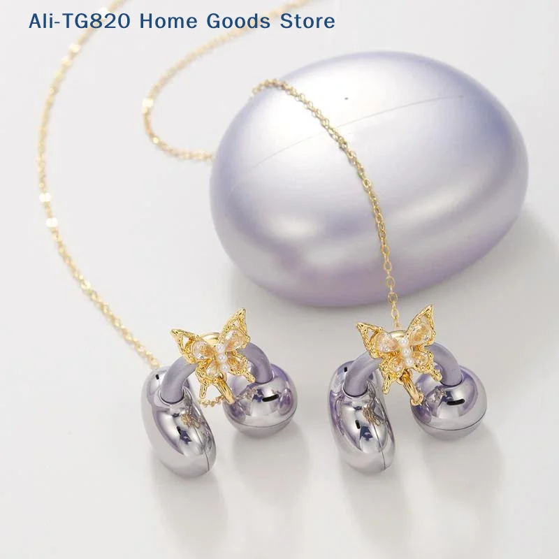 [TG820]Clip On Open Ear Wireless Earbuds With Butterfly Crystal With Chain Decor Comfortable For Daily Use Gifts