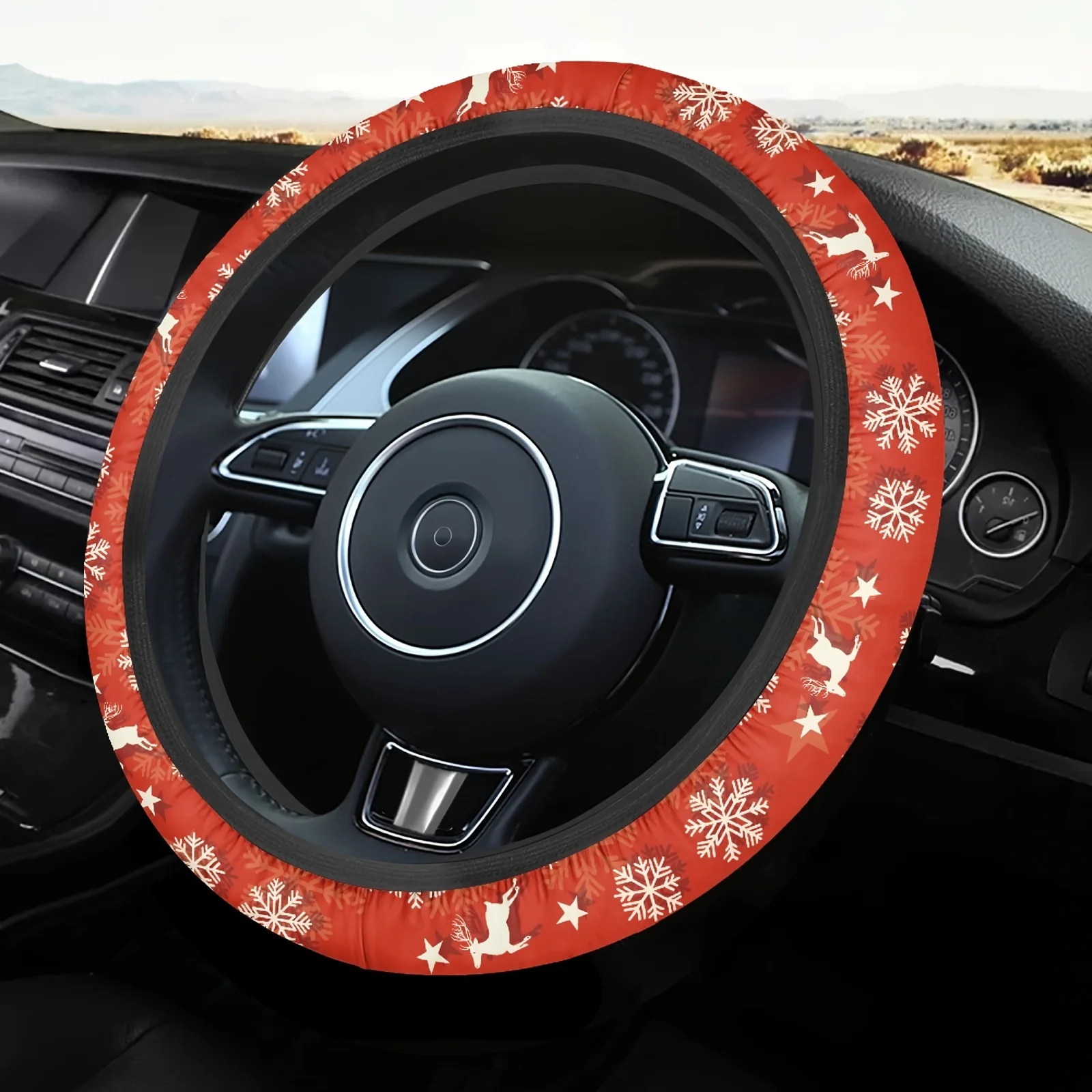 Festive Christmas Car Steering Wheel Cover - Polyester, No Inner Ring, Fits Most Cars, Holiday-Themed Prints With Elk, Snowflake