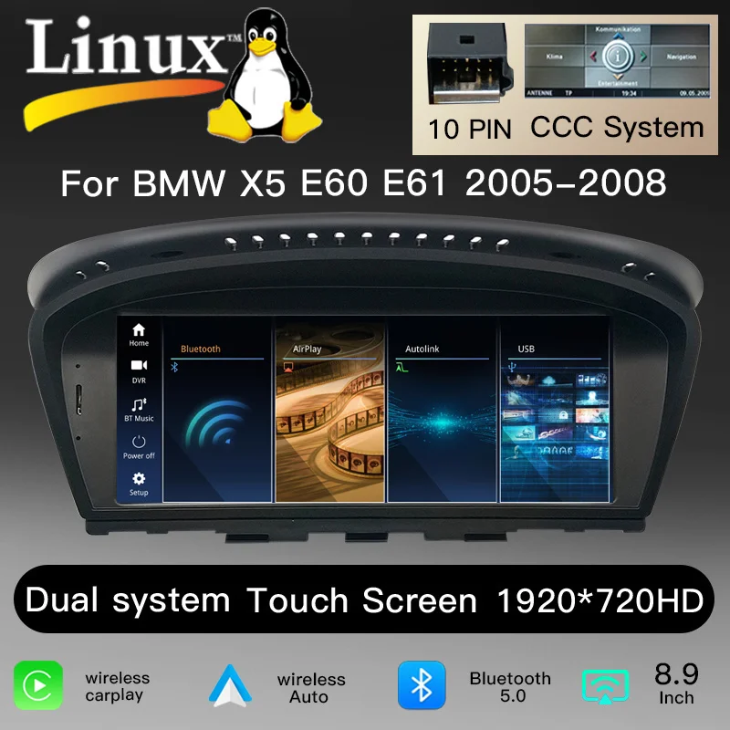 8,9" 1920*720 scherm Snapdragon Wireless Carplay Android 14 autoradio voor BMW 5-serie E60 E61 E62 E63 CCC CIC M5 3-serie E90 E91 E92 E93 CCC CIC 2004-2009 multimedia head unit GPS navigatie head unit