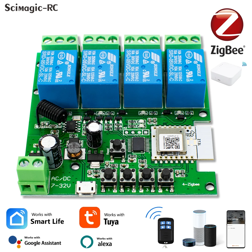 

4CH Zigbee Smart Switch 220V Модуль APP Дистанционное Управление USB 5V 12V 24V 85-250V RF Приемник 10A Смарт-реле с Alexa Google Home