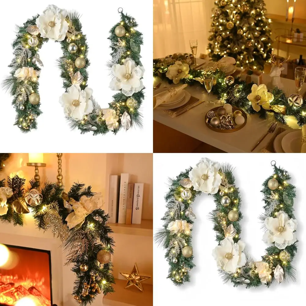 

9-футовая предварительно освещенная рождественская гирлянда с белыми и золотыми шариками, магнолия, идеально подходит для камина, лестницы, камина или центральной части стола