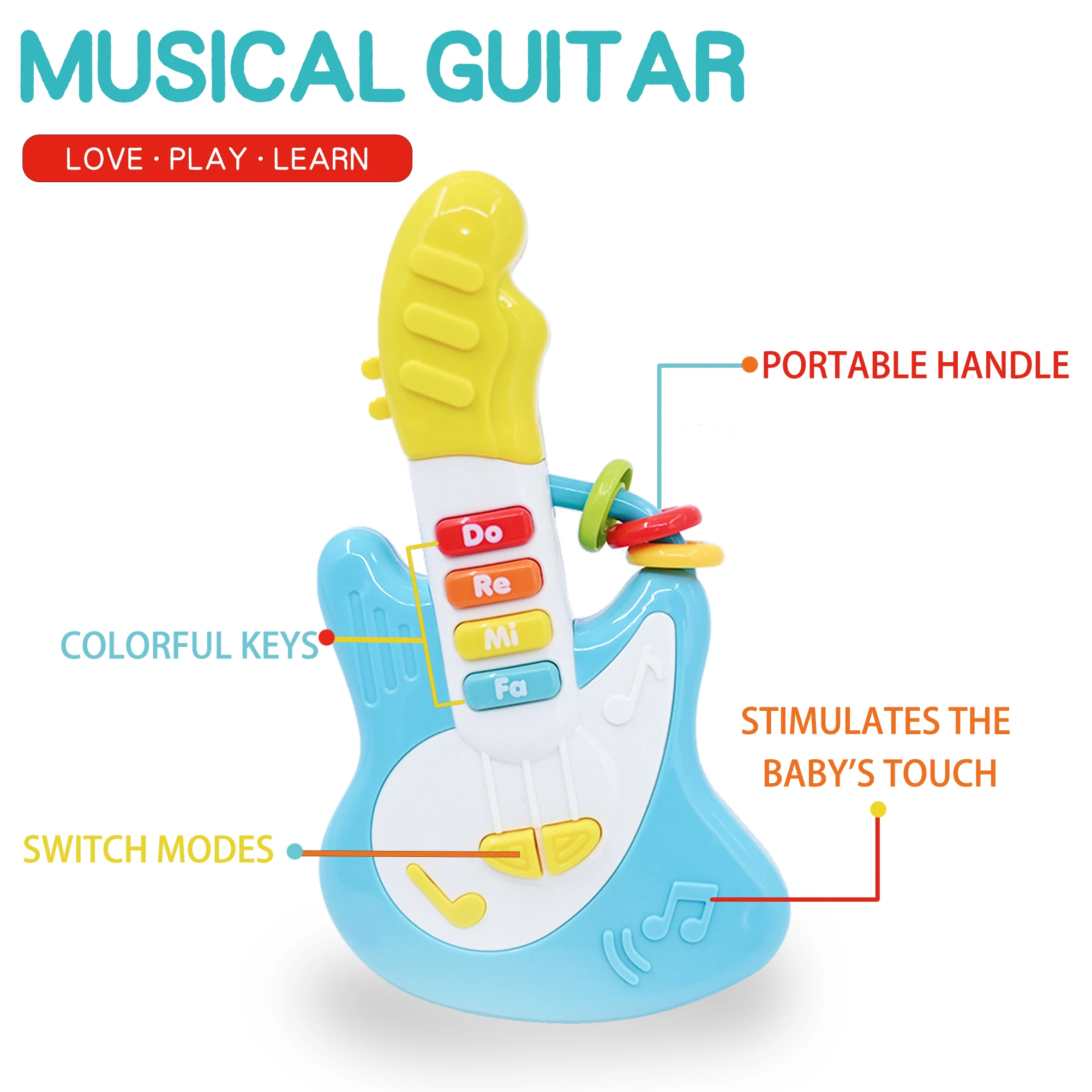 Brinquedo de guitarra e piano 2 em 1 projetado para crianças, adequado para instrumento musical jogável de 1,2,3, canção de ninar embutida, com luzes