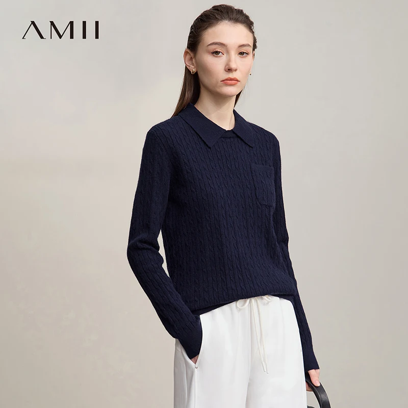 AMI Women's Sweater 2025 Autumn New Retro Solid Color Elegant Sweaters Ladies Versatile Long Sleeves Tops For Woman 12543205