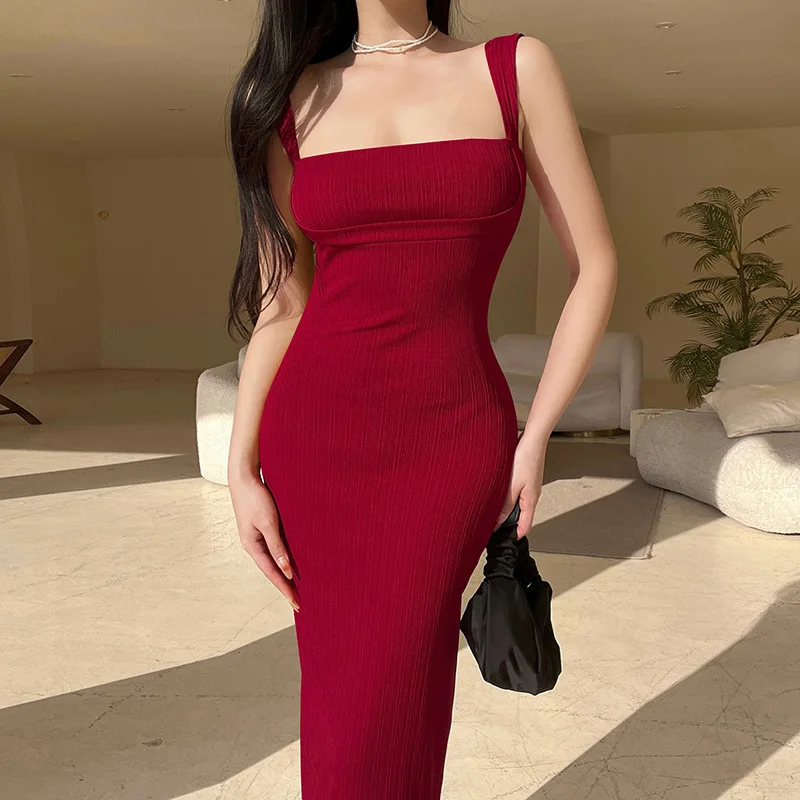 

2025 Knitted Sling Sexy Slim Red Christmas Long Dress Summer Spice Girls Pure Desire Dress Women