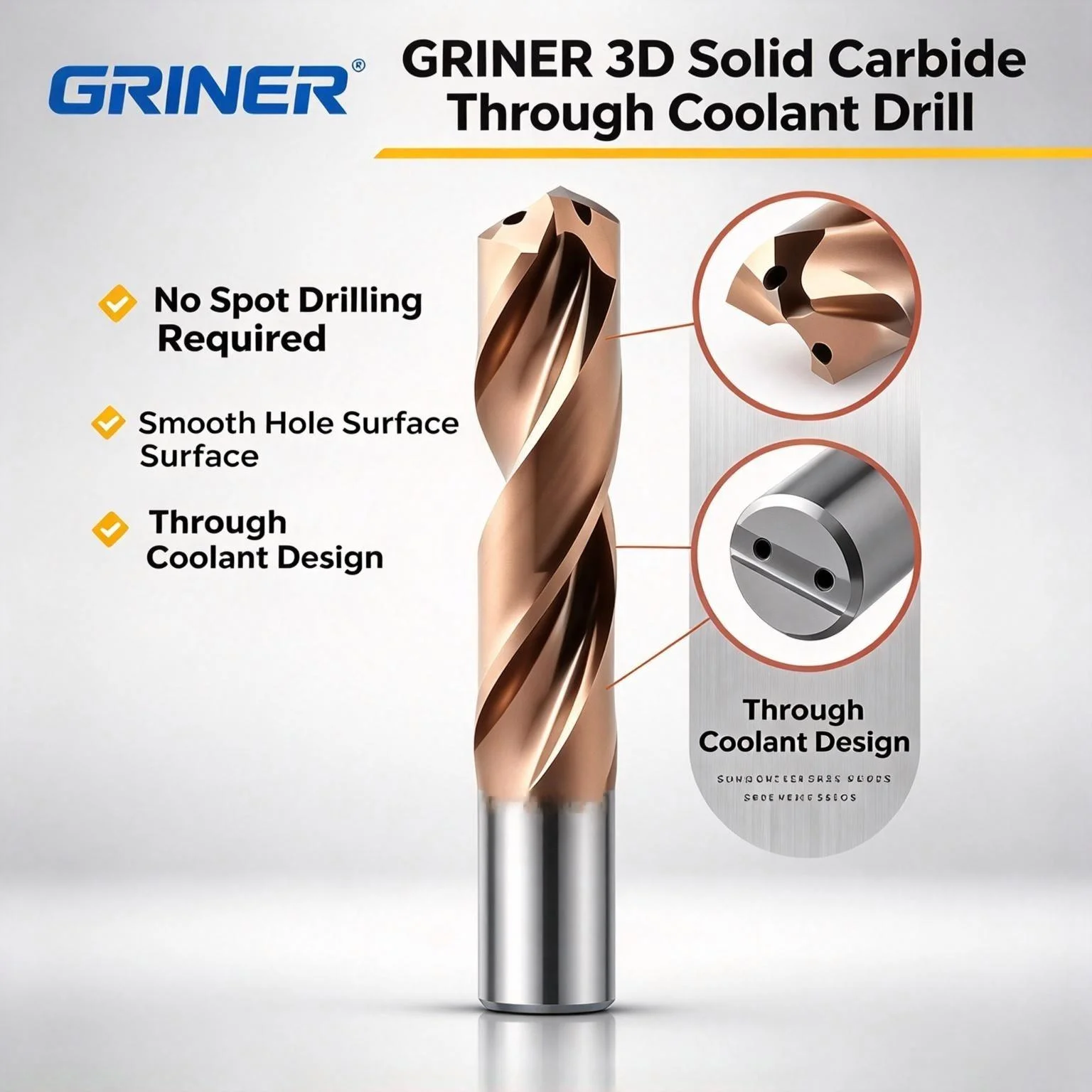GRINER Through Coolant Carbide Twist Drill 3 Times Diameter Long Shank Drill Bit Internal Cooling For Stainless Steel Carbon Ste