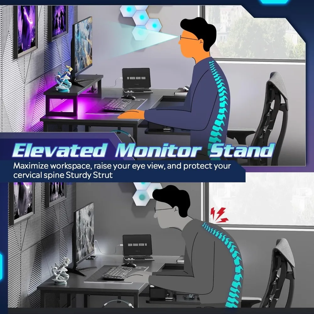Escritorio para juegos en forma de L de 43 pulgadas con iluminación LED con tomas de corriente para espacios pequeños, escritorio esquinero para computadora para una configuración de PC resistente