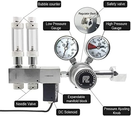 FZONE Aquarium Pro Series Dual Stage CO2 Regulator Adjustable Output Pressure with DC Solenoid and Expendable Manifold