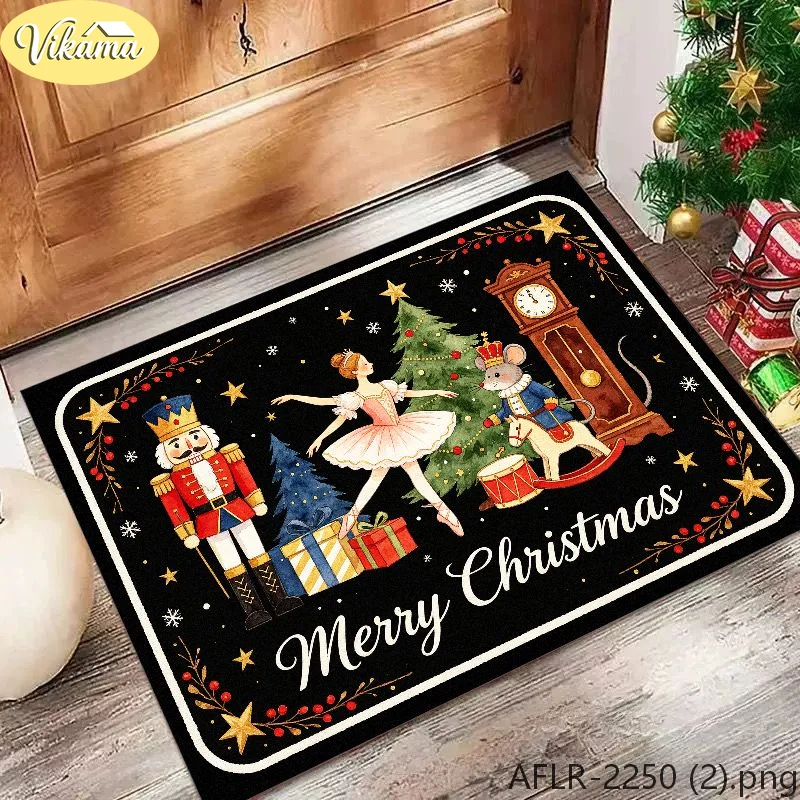 VIKAMA Christmas Doormat Nutcracker Ballerina Clock Tree Sturdy Durable Door Mat for Outdoor Entrance Christmas Decor