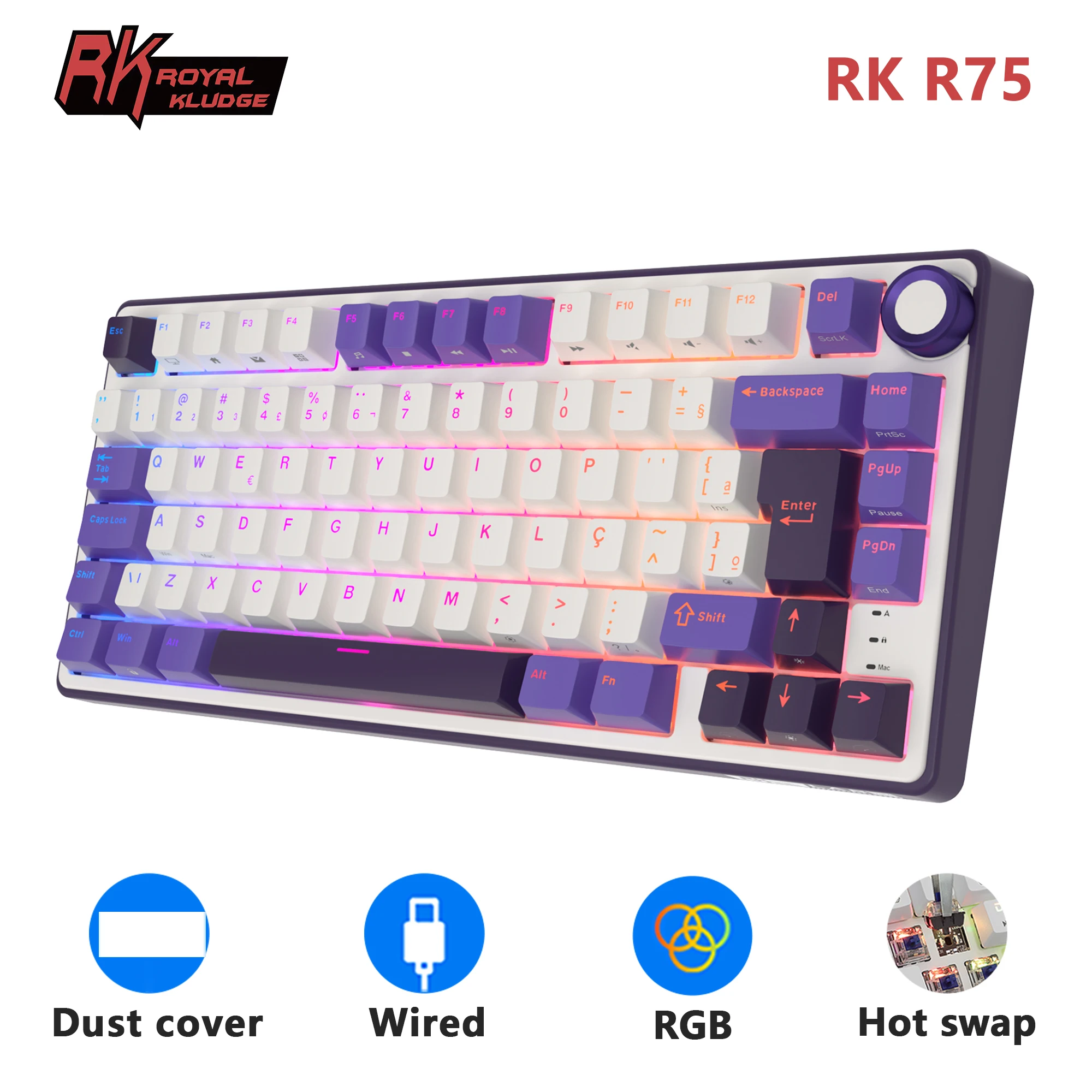 

RK R75 Royal Kludge Gasket Wired Gamer Keyboard 80 Keys 80% RGB Backlit Hot-swappable Mechanical Keyboard with MDA PBT Keycaps