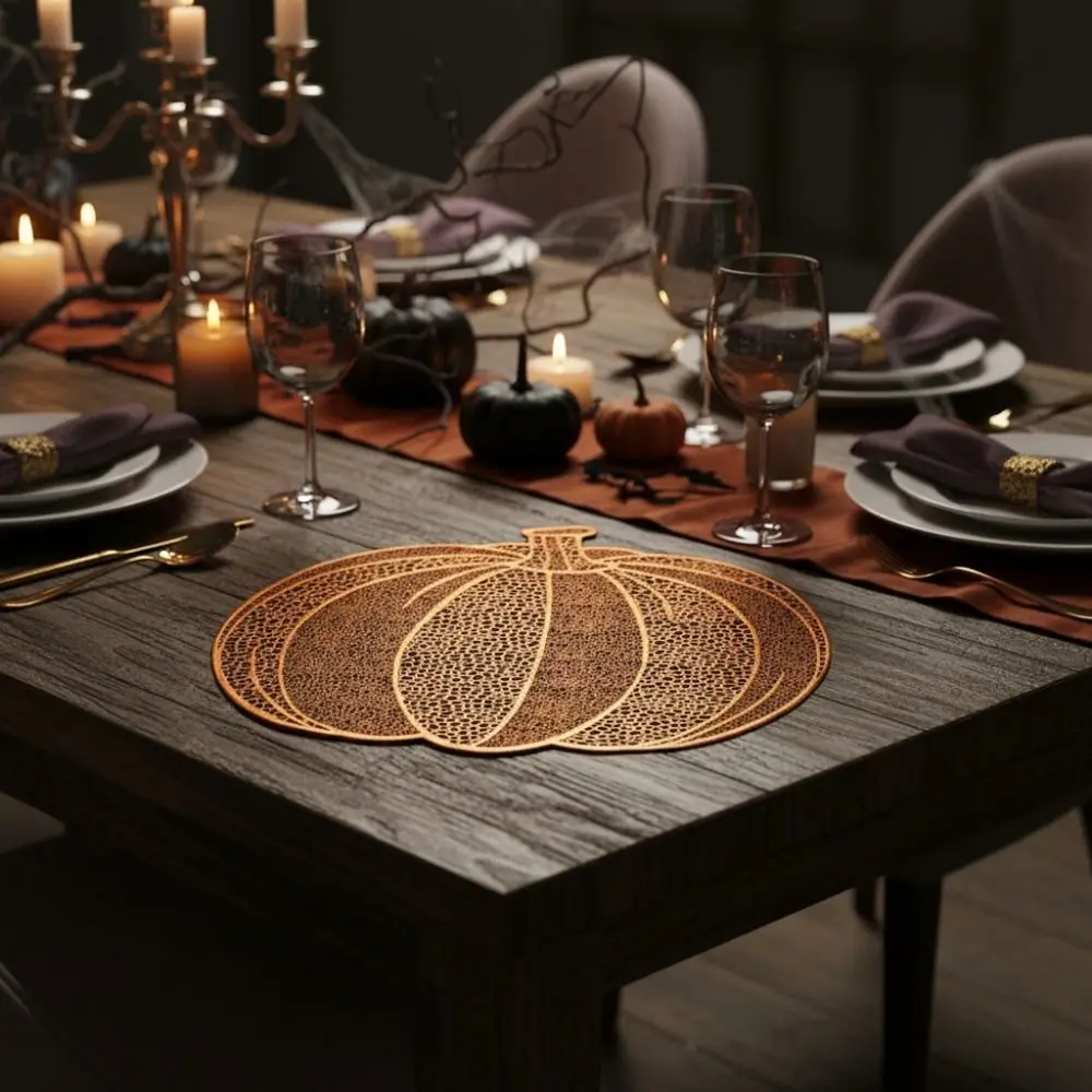 4PCS Metallic Color Halloween Hollow Pumpkin Placemat Waterproof Anti Slip Heat-insulating Coaster Washable Wipeable