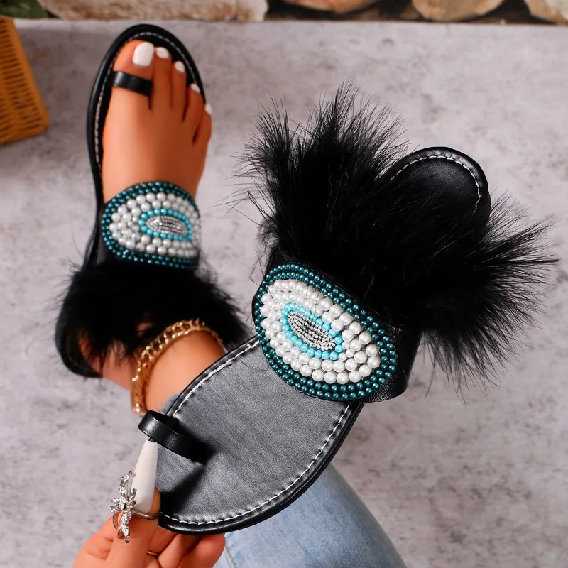 2024 Women New Fur Slippers Imitation Wool Summer Slippers Fashion Eye Tears Bright Diamond Slippers Flat Home slides  sandales