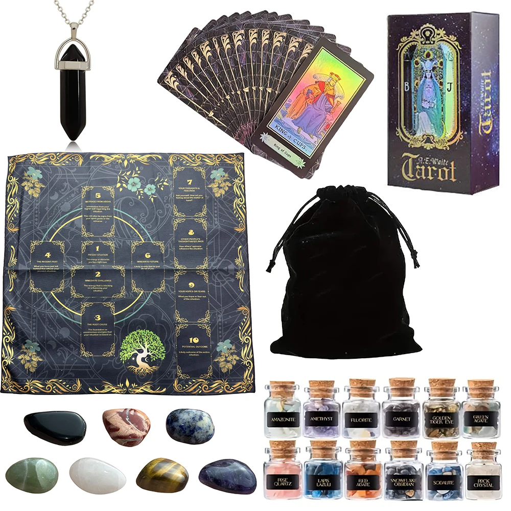 Tarot tablecloth Set 1 Set 78 Tarot Cards 12 Mini Crystal Vases 7 Chakras 1 Tarot Tablecloth 1 Pendant Accessory 1 Storage Bag