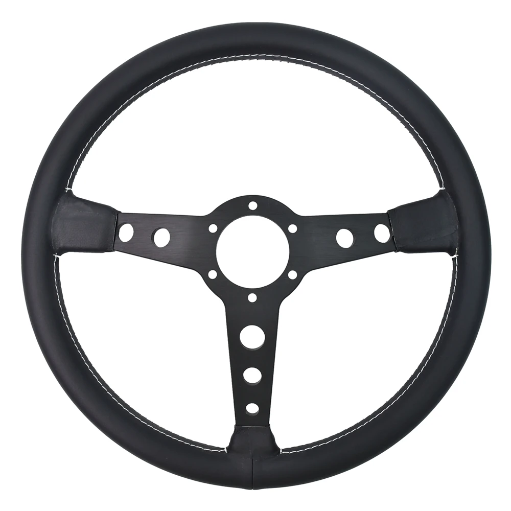 370mm Sports Classic Steering Wheel 6 Holes Black Spoke Flat White Stitching Racing Steering Wheel with 5mm Thick Bracket 4