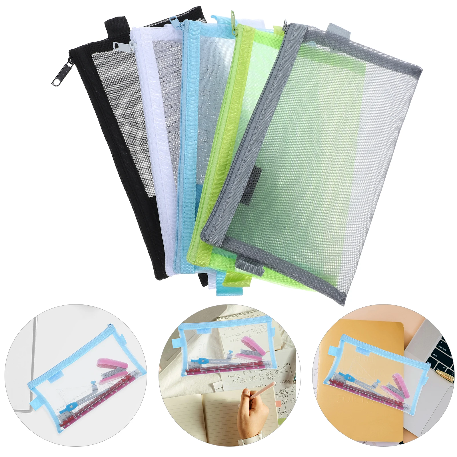 

5pcs Mesh Bags Zipper File Bags Transparent ganizer Stationery Holder Travel Necessities Lightweight Storage