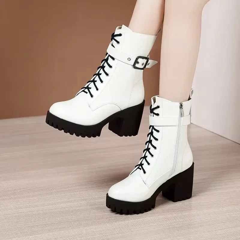 Plus Size 32-43 Platform Shoes Women Ankle Boots Leather 2024 Fall Winter High Heels Boots Ladies Plush Motorcycle Botas