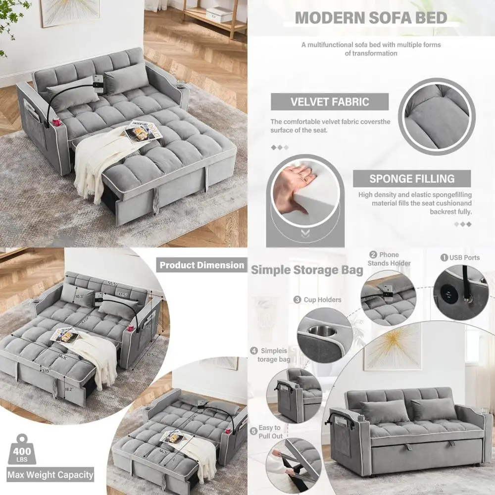 3-in-1 Velvet Sleeper Sofa Bed, 55 Loveseat Couch with Pull-Out Bed and Adjustable Backrest