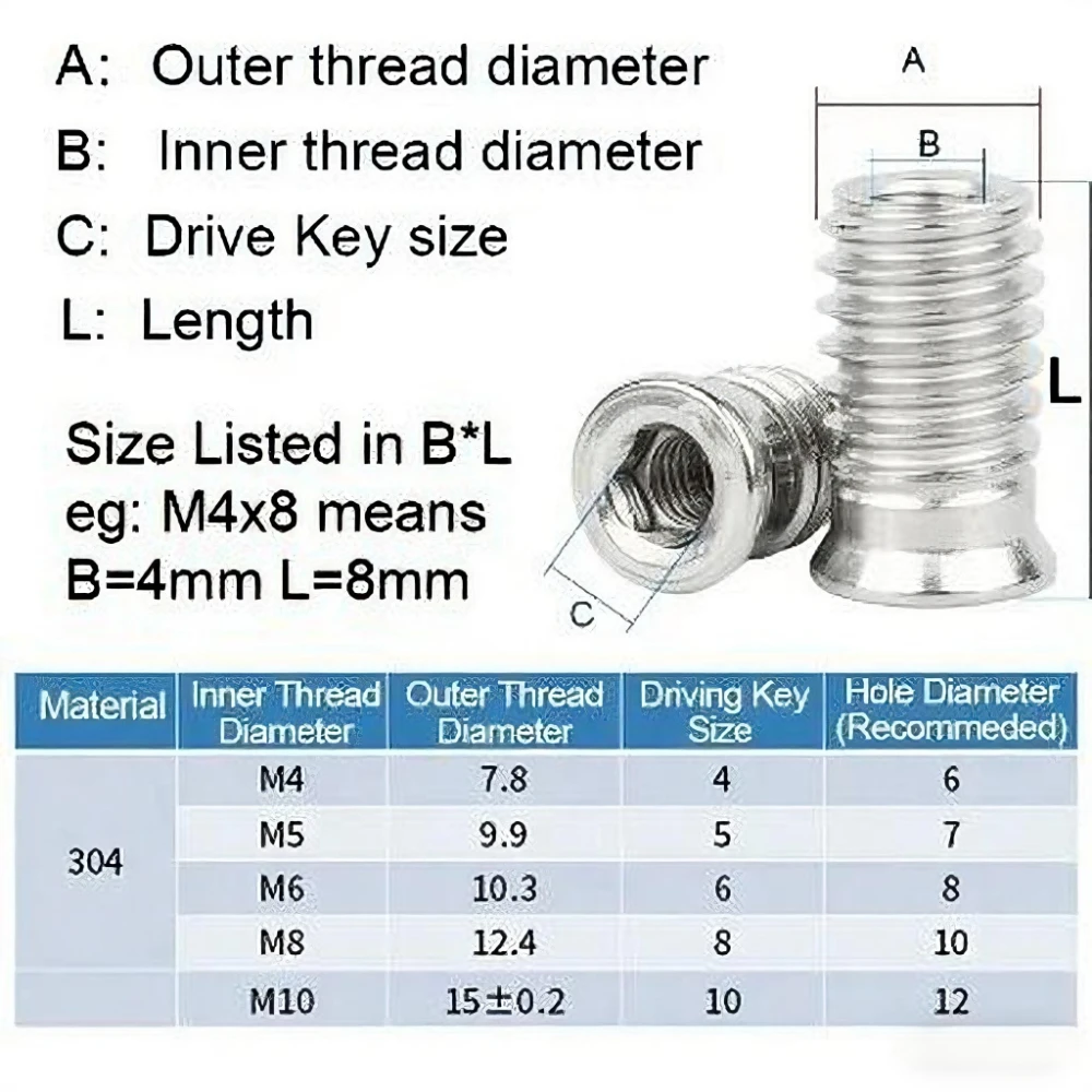 304 SS Hex Socket Threaded Insert Nuts M3 M4 M5 M6 M8 M10 Embedded Inset Nut For Wood Furniture Assembly