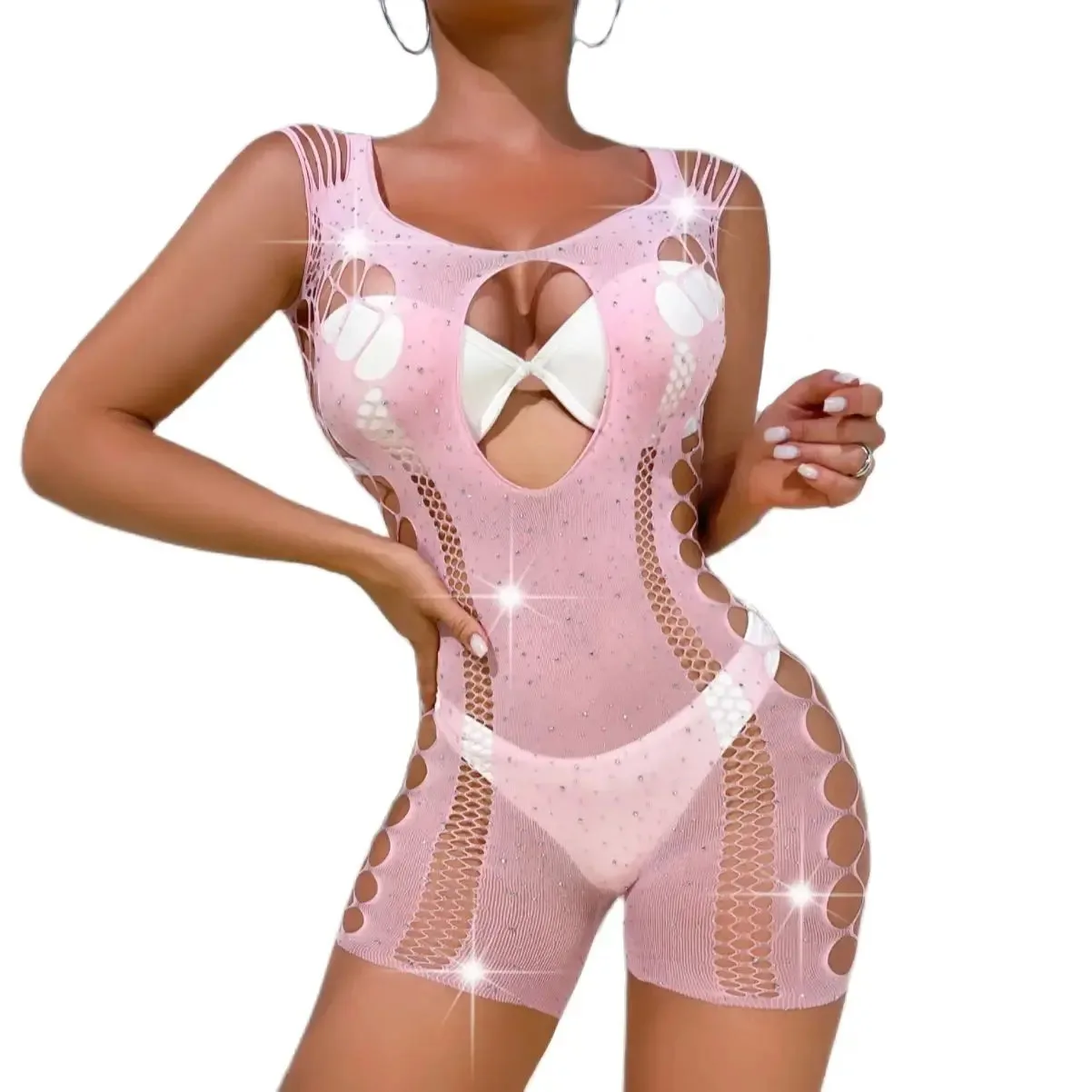 

Porno Rhinestone Bodysuits Stretchy Fishnet Lingerie Underwear Exotic Dance Wear Nightclub Costume Hollow Out Erotic Jumpsuits