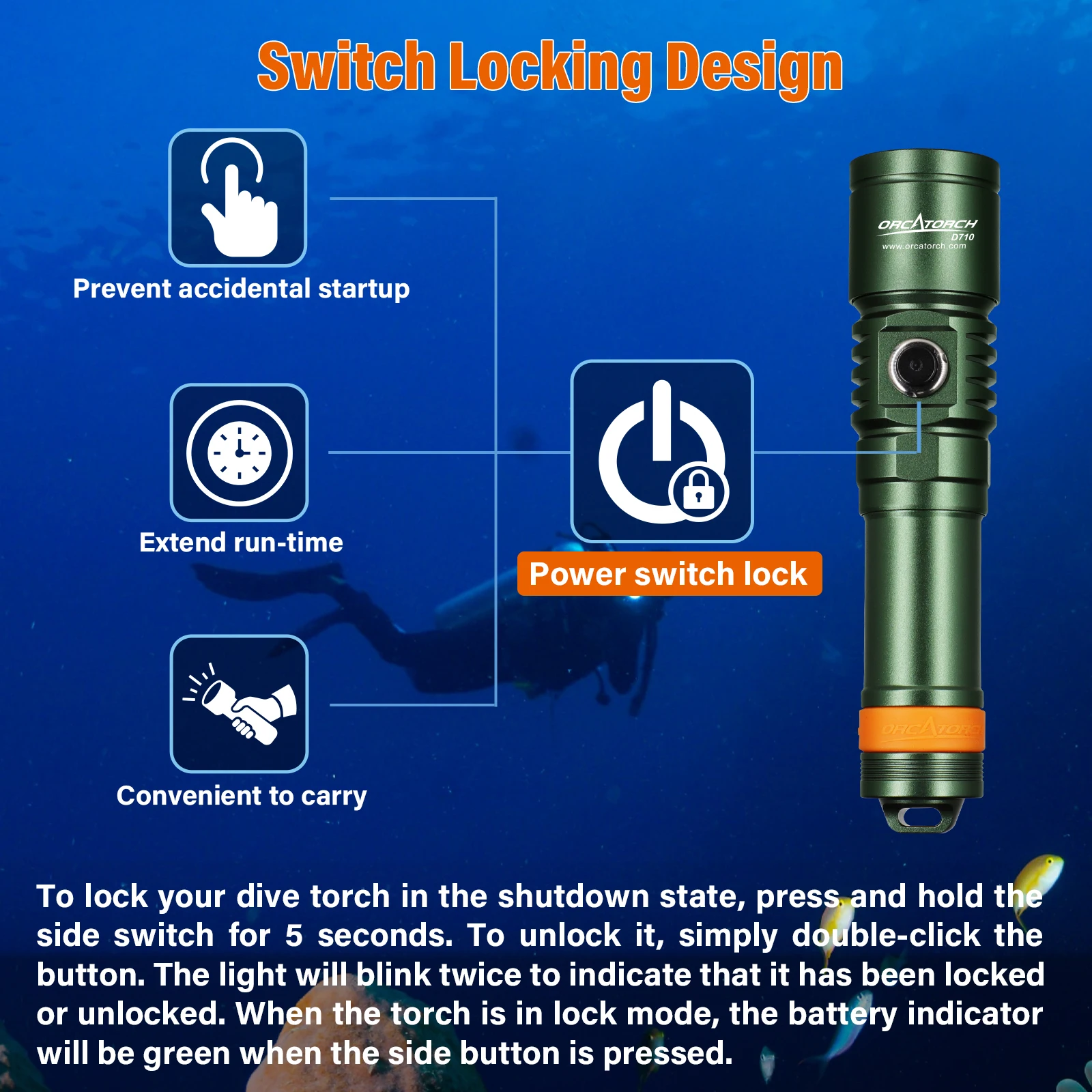 Orcatorch D710 Unterwasserlaterne, professionelle Hochleistungs-Tauchtaschenlampe, wiederaufladbar, Tauchtaschenlampe, LED-Taschenlampe