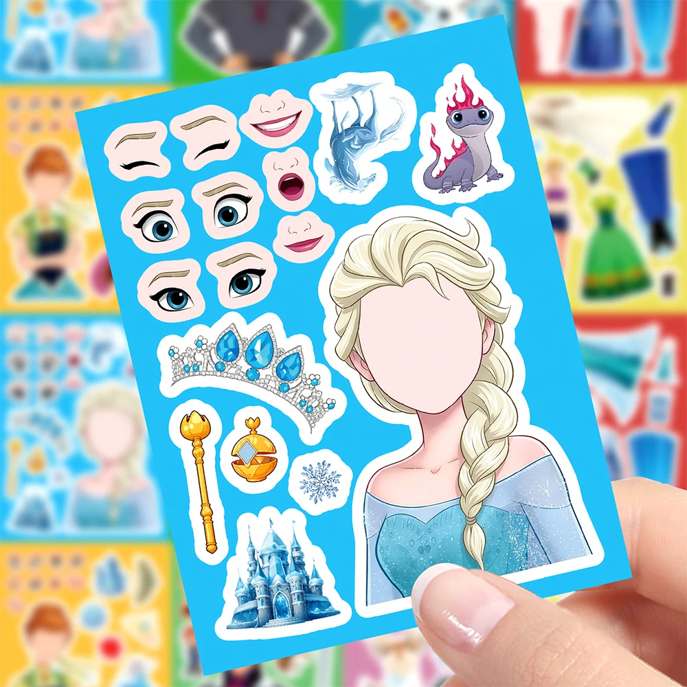 8/16 arkuszy Naklejki Puzzle Księżniczka Elsa Anna Disney Frozen Śliczne Kreskówki Zrób Minę DIY Składaj Układanka Zabawki Edukacyjne Naklejki