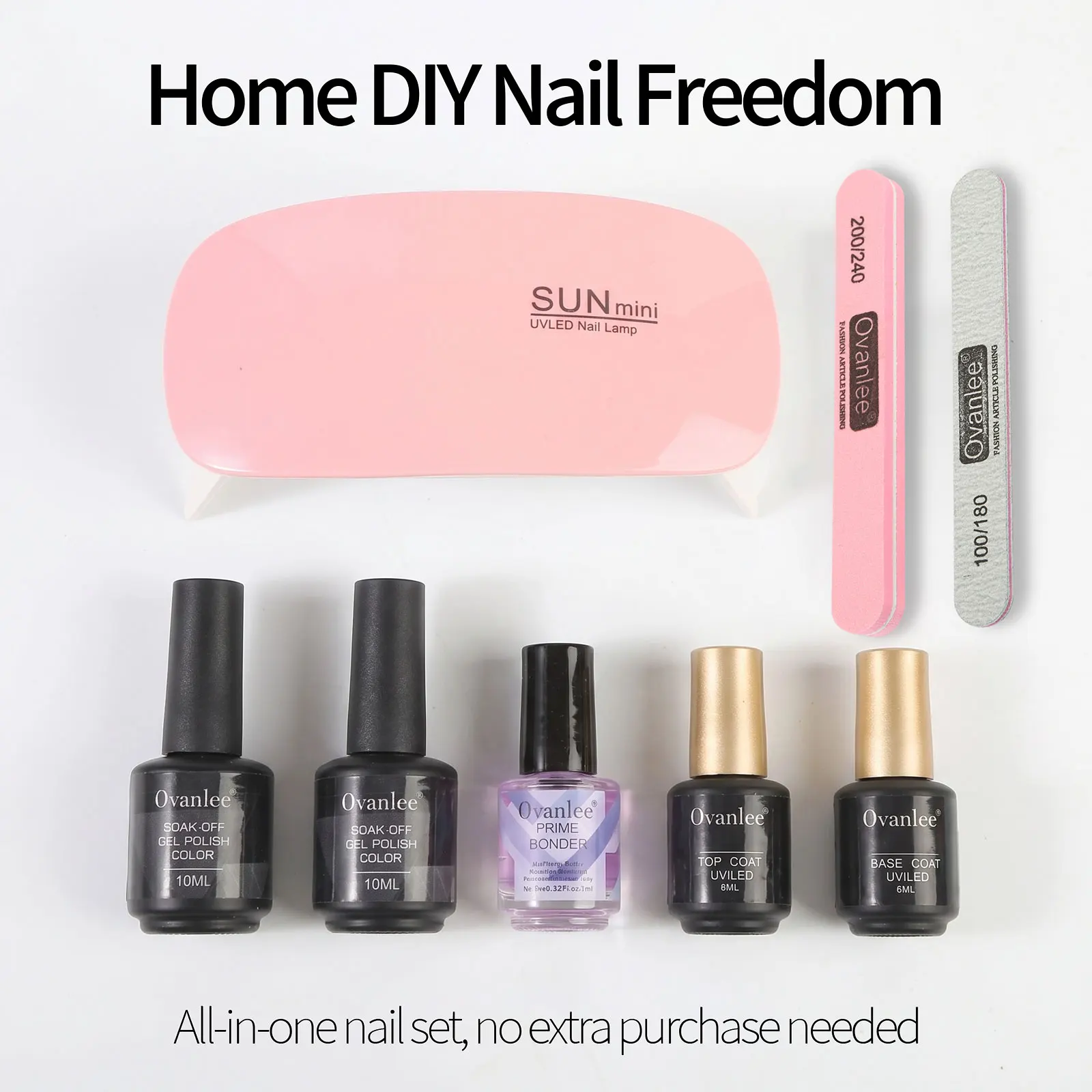 8pcs Nail Kit, 2pcs Color Glue+Base Glue+Sealing Layer+Balancing Solution+2pcs Nail Polish Remover+UV Lamp