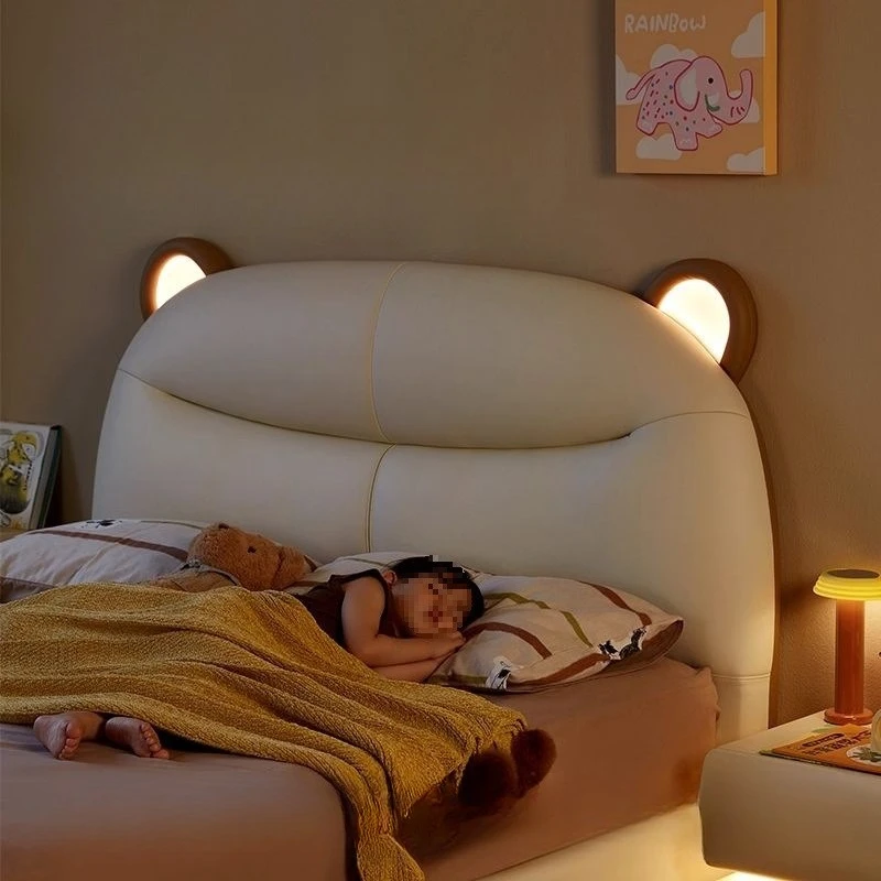 Leather bedroom bed Small apartment girl single princess bed Bear ears Solid wood bed with lamp