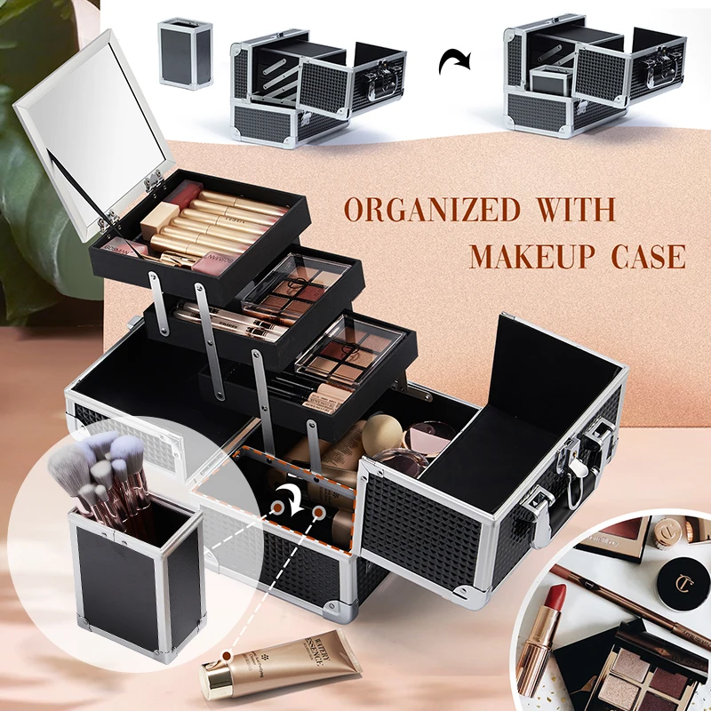 Joligrace Professional Makeup Suitcase Portable Large Capacity Make Up  Case Box with Cosmetic Brushes Holder Mirror Lockable