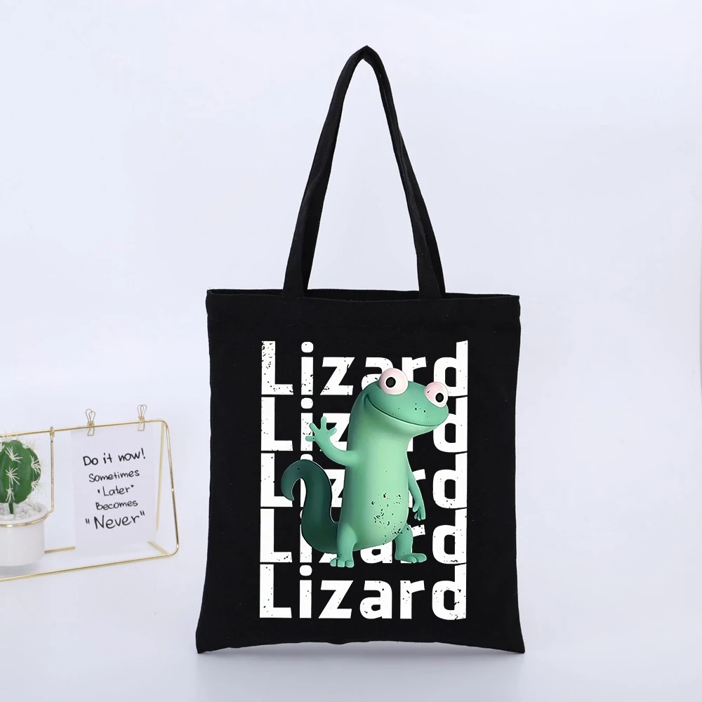 Lizard Graphic Black Canvas Tote Bag with Typography Print, Ideal for Casual Daily Use and Urban Outings