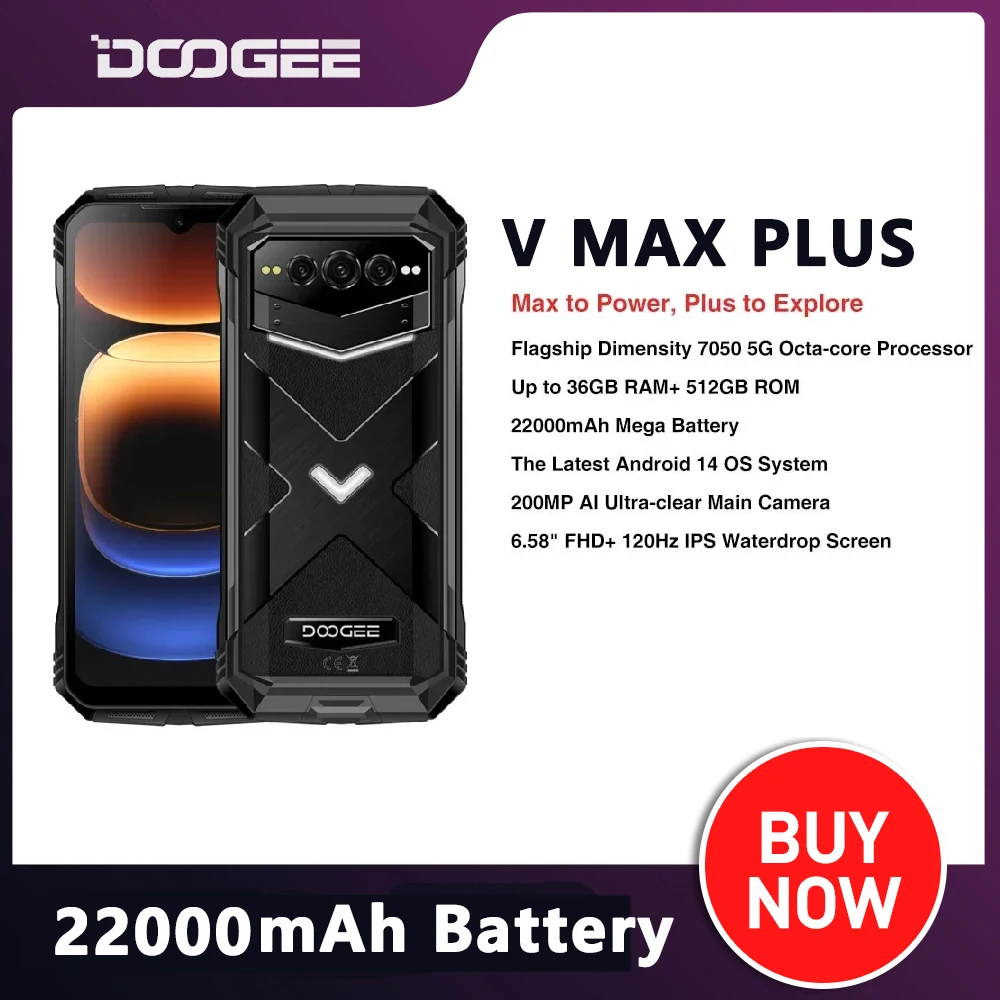 

DOOGEE V Max Plus Rugged Smartphone 5G Android 14 36GB+512GB 6.58 Inch Octa Core Mobile Phone 22000mAh 200MP 33W Cellphone NFC