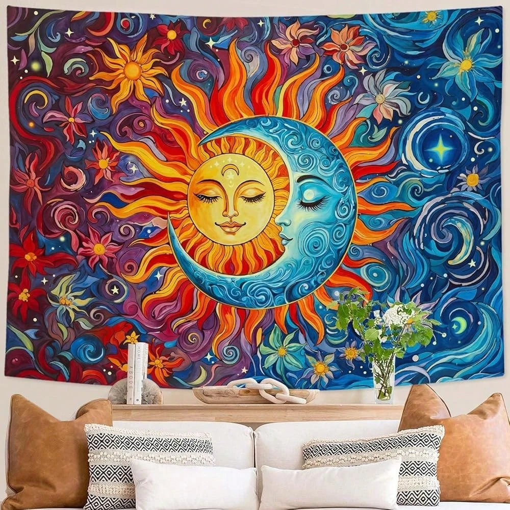 Sun And Moon Boho Hippie Tapestry, Orange Red Blue Floral Abstract Plant Stars Wall Hanging for Bedroom Living Room Dorm