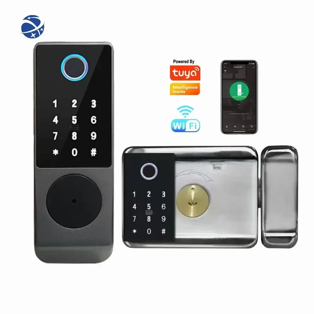 

factory Luxury TUYA WIFI Digital Door Knob Rfid Card Key Digit Fingerprint Smart Lock Double-sided Fingerprint Rim Door Lock R07