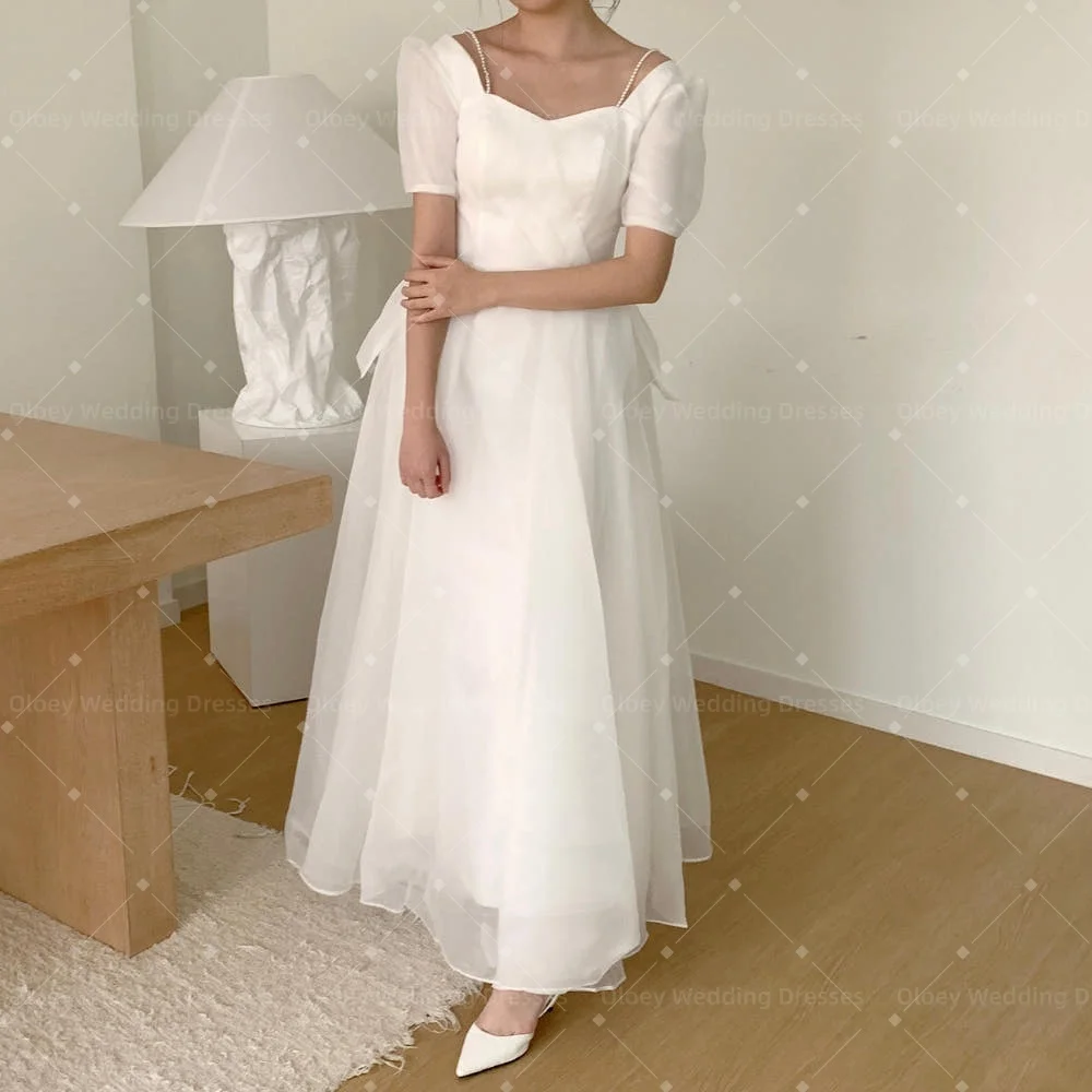 Elegant Square Neck Korea Garden Wedding Dresses Cap Sleeves Corset Back Customized Organza Bride Gowns Party Bride