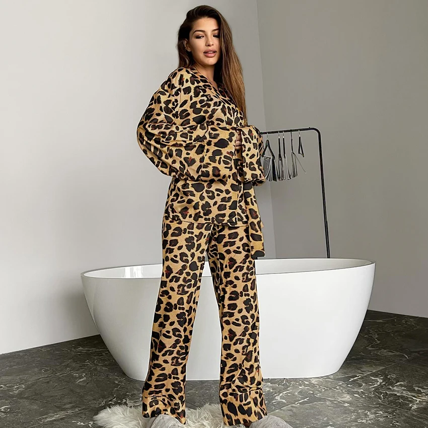 HiLoc Leopard Fashion Woven Inelastic Women Pajamas 2-Piece Long Sleeve V-Neck Lace-Up Nightgown Elastic Waist Full Length Pants