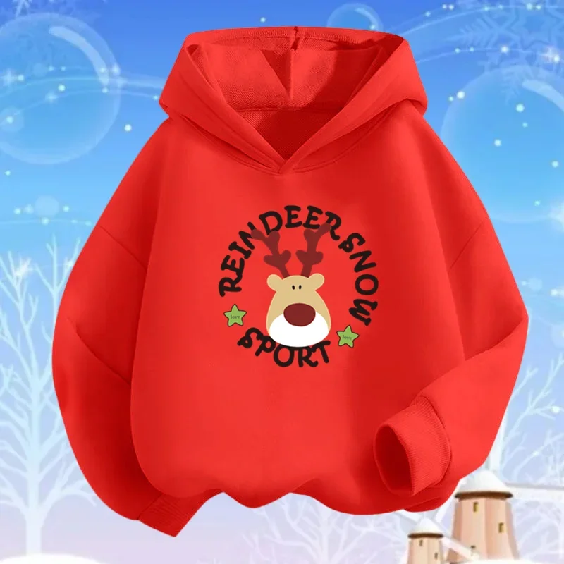 Cute Deer Cartoon Kids Red Children Hooded Hoodies Girls Clothes Children Sweatshirts Baby Boys Pullover Tops